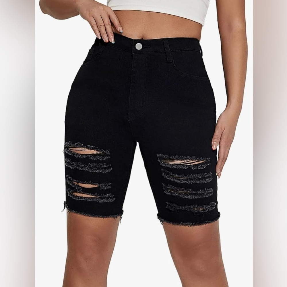 SCOMCHIC Bermuda Shorts Ripped Hole Knee Length Stretch Jean for Women